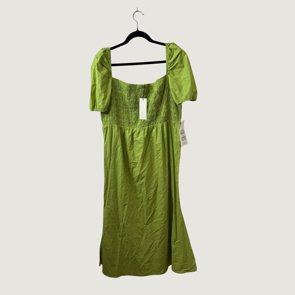 Never Fully Dressed Green Linen Emma Dress Curve Puff Sleeve Smocked Cottage 16